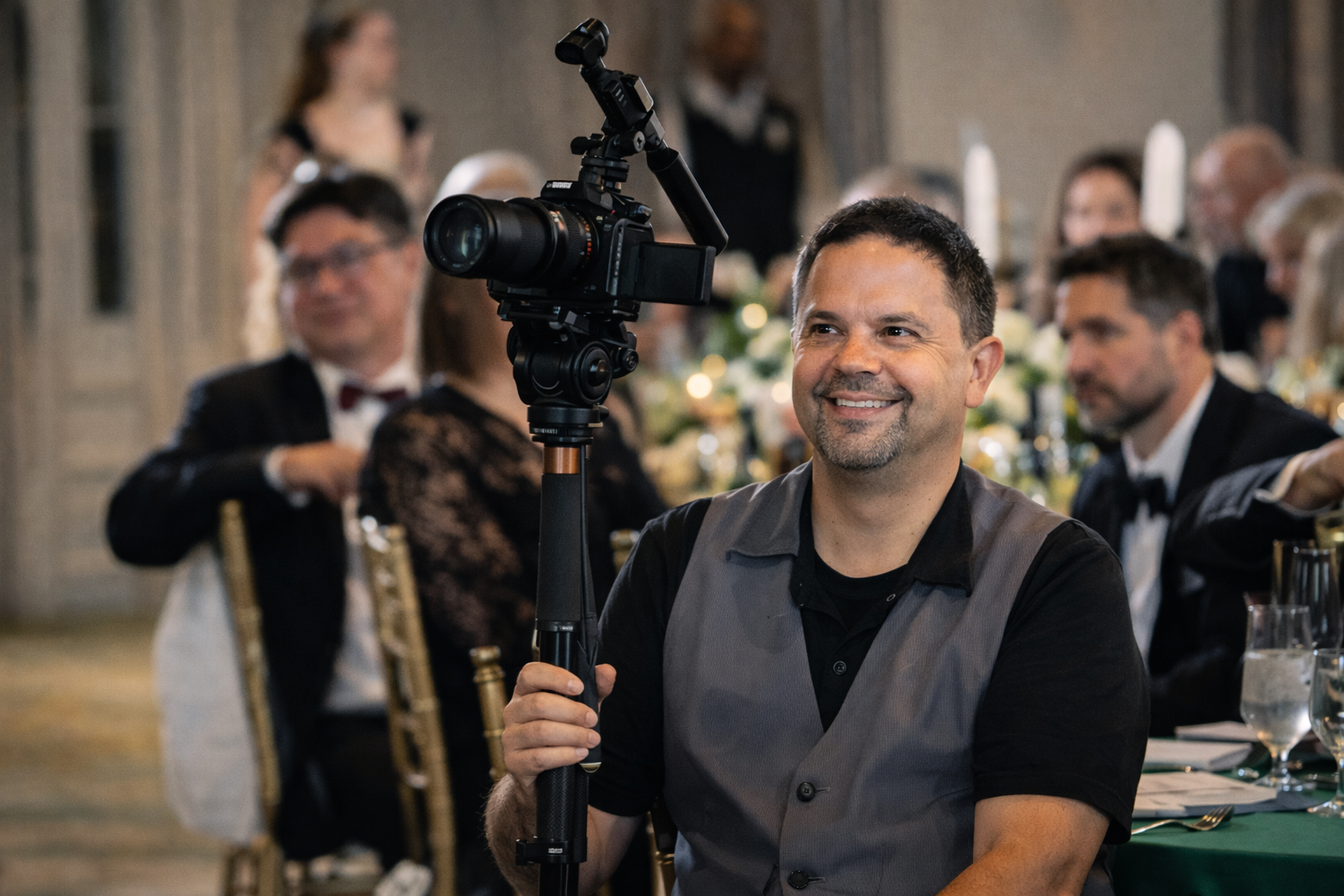 Frank Guy smiling while holding a professional video camera