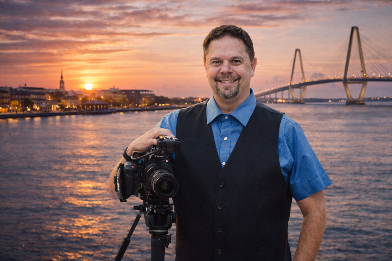 Frank Guy with a camera near the Charleston waterfront